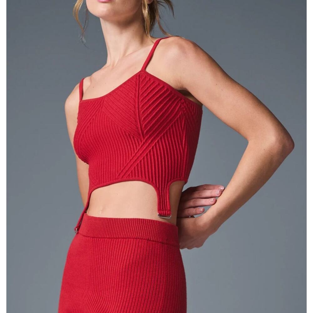 ALO Yoga Denim Knit Garter Ribbed Tank Top in Bold Red Small